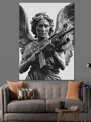 Silahlı Melek Dekoratif Kanvas - Mdf Ahşap Tablo