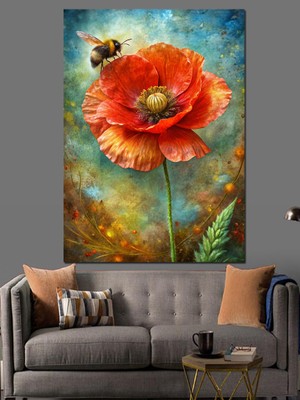 Kırmızı Gelincik Çiçeği ve Arı Dekoratif Kanvas - Mdf Ahşap Tablo