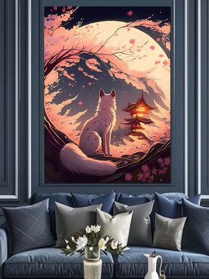 Japon Evi ve Tilki Dekoratif Kanvas - Mdf Ahşap Tablo