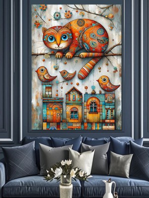 Desenli Kedi ve Kuşlar Dekoratif Kanvas - Mdf Ahşap Tablo