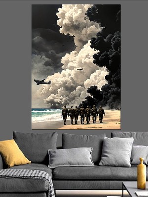 Siyah Beyaz Dumanlar ve Askerler Dekoratif Kanvas - Mdf Ahşap Tablo