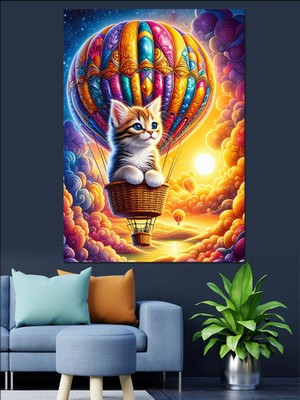 Uçan Balonda Kedi ve Gökyüzü Dekoratif Kanvas - Mdf Ahşap Tablo