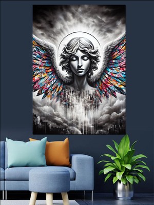 Renkli Tüylü Melek Kadın Dekoratif Kanvas - Mdf Ahşap Tablo