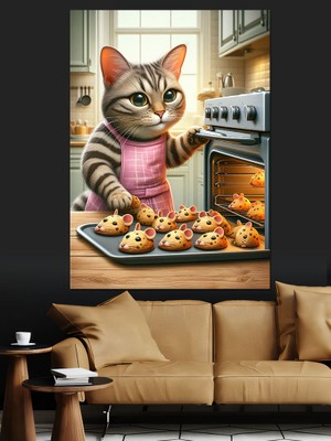 Muffin Yapan Kedi Dekoratif Kanvas - Mdf Ahşap Tablo