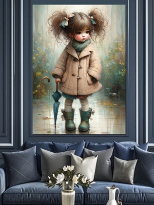 Şemsiyeli Kız Çocuğu Dekoratif Kanvas - Mdf Ahşap Tablo