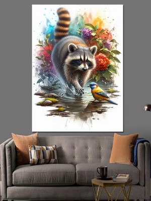 Rakun ve Küçük Kuş Dekoratif Kanvas - Mdf Ahşap Tablo