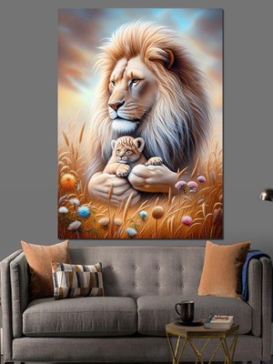 Kral Aslan ve Yavrusu Dekoratif Kanvas - Mdf Ahşap Tablo