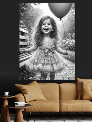 Balon Tutan Küçük Kız Siyah Beyaz Dekoratif Kanvas - Mdf Ahşap Tablo