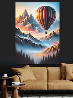 Dağ Manzarası ve Uçan Balon Dekoratif Kanvas - Mdf Ahşap Tablo