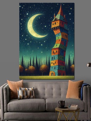 Masal Kulesi ve Ay Dekoratif Kanvas - Mdf Ahşap Tablo
