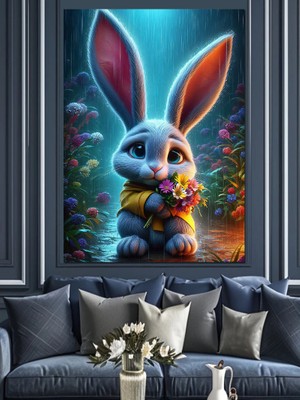 Sevimli Tavşan Çiçeklerle Dekoratif Kanvas - Mdf Ahşap Tablo