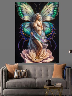 Yeşil Kelebek Kanatlı Nü Kadın  Dekoratif Kanvas - Mdf Ahşap Tablo