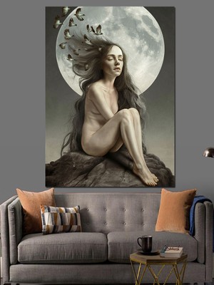 Ay Işığında Nü Kadın ve Kuşlar Dekoratif Kanvas - Mdf Ahşap Tablo