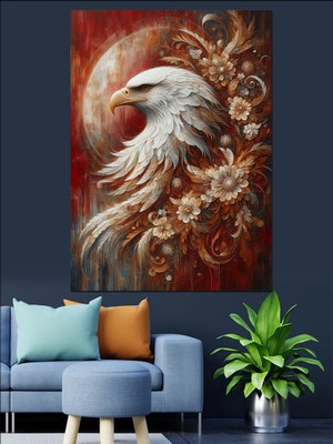 Beyaz Kartal ve Çiçek Desen Dekoratif Kanvas - Mdf Ahşap Tablo