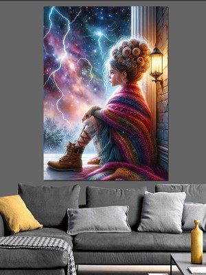 Kız Çocuğu Uzayın Kenarında Dekoratif Kanvas - Mdf Ahşap Tablo