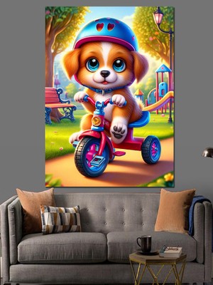 Bisiklete Binen Yavru Köpek Dekoratif Kanvas - Mdf Ahşap Tablo