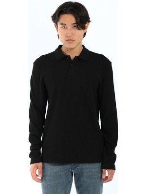 Js Polo Yaka Düğmeli Waffle Sweat Siyah