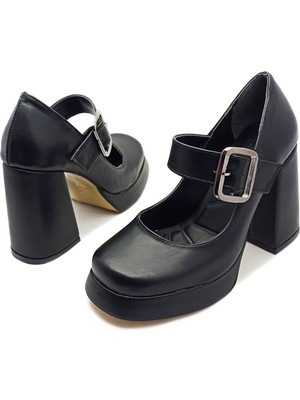 Siyah Renk Bantlı Kalın Yüksek Topuk Platform Taban Kadın Abiye Ayakkabı
