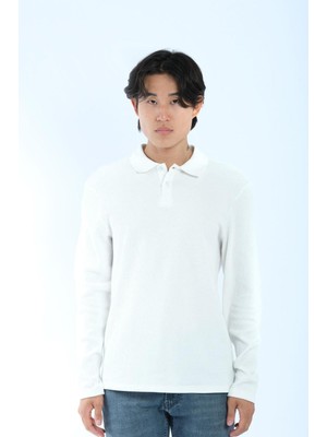 Js Polo Yaka Düğmeli Waffle Sweat Beyaz
