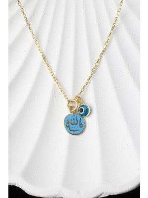 Allah Yazılı Lacivelt Mineli Nazar Boncuklu 925 Ayar Gümüş Kolye