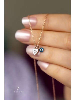Tek Taş Mine Kalp Model Nazar Boncuklu Gümüş Kolye