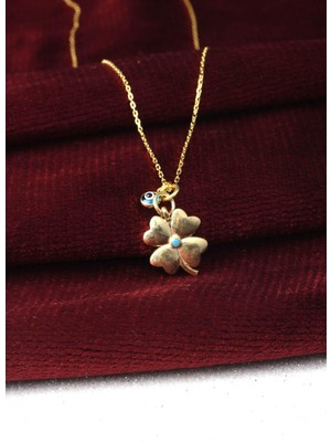 Yonca 4 Yapraklı Gümüş Nazar Göz Boncuklu 925 Ayar Gümüş Kolye