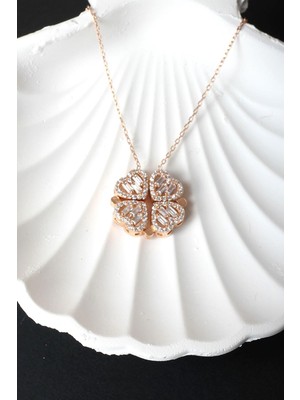 Yonca Kalpli Açılır Kapanır Mıknatıslı Baget Zirkon Taşlı 925 Ayar Gümüş Kolye