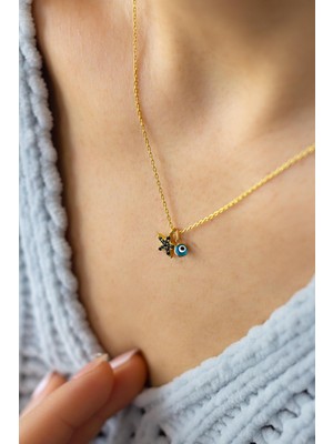 Siyah Taşlı Mavi Nazar Boncuklu Gümüş Yıldız Kolye