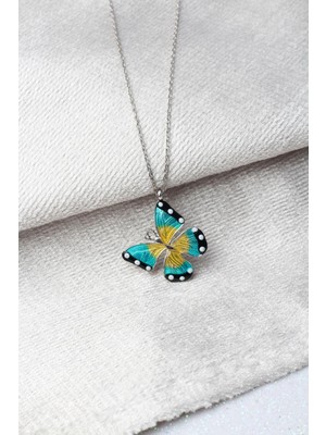 Kelebek Kolye Mavi Siyah Mineli Zirkon Taşlı  925 Ayar Gümüş Zincir Kolye;