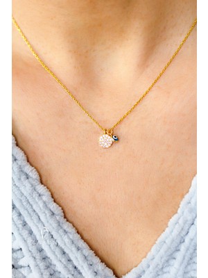 Yuvarlak Beyaz Taşlı Mavi Nazar Göz Gümüş Kolye