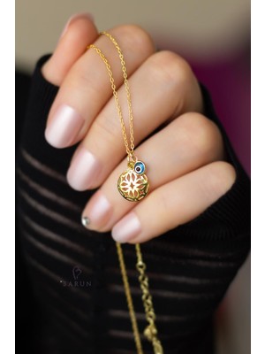 Yuvarlak Plaka Model  Mavi Nazar Boncuklu Gümüş Kolye