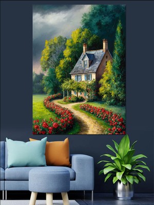 Köy Evi Manzarası Dekoratif Kanvas - Mdf Ahşap Tablo