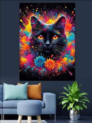 Renkli Çiçekler ve Siyah Kedi Dekoratif Kanvas - Mdf Ahşap Tablo