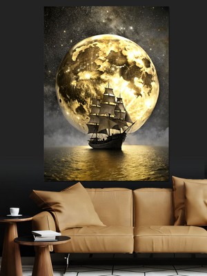 Korsan Gemisi ve Dolunay Dekoratif Kanvas - Mdf Ahşap Tablo