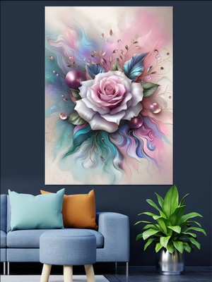 Beyaz Pembe Gül Dekoratif Kanvas - Mdf Ahşap Tablo