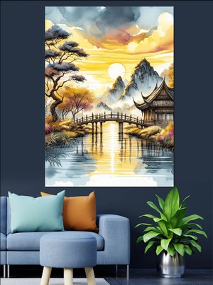 Gün Batımı ve Japon Evi Dekoratif Kanvas - Mdf Ahşap Tablo