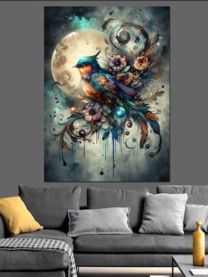 Mavi Kuş ve Çiçekler Dekoratif Kanvas - Mdf Ahşap Tablo