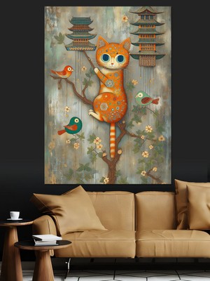 Ağaca Tırmanan Kedi ve Kuşlar Dekoratif Kanvas - Mdf Ahşap Tablo