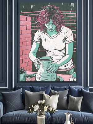 Çömlek Yapan Kız Dekoratif Kanvas - Mdf Ahşap Tablo