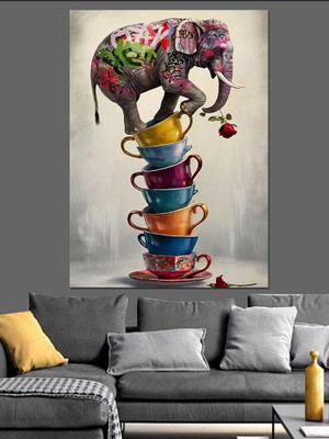 Renkli Fincanlar ve Fil Dekoratif Kanvas - Mdf Ahşap Tablo
