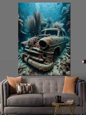 Deniz Altındaki Retro Araba Dekoratif Kanvas - Mdf Ahşap Tablo
