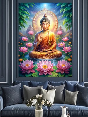 Buda Heykeli ve Lotus Çiçeği Dekoratif Kanvas - Mdf Ahşap Tablo