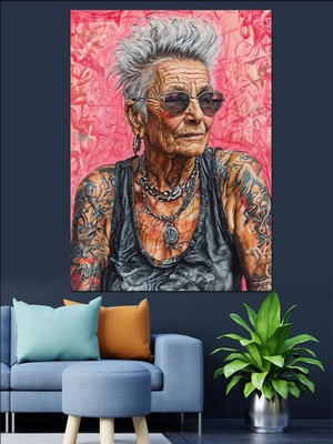 Dövmeli Yaşlı Kadın Dekoratif Kanvas - Mdf Ahşap Tablo