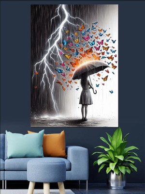 Yağmur ve Kelebekler Dekoratif Kanvas - Mdf Ahşap Tablo