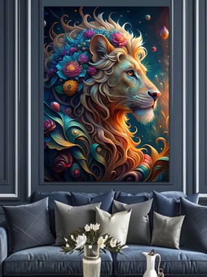 Çiçekli Erkek Aslan Dekoratif Kanvas - Mdf Ahşap Tablo