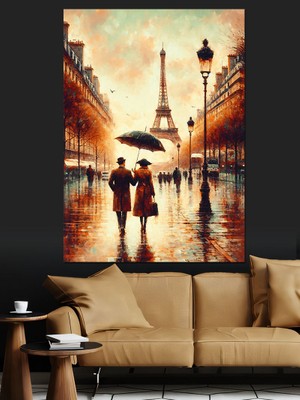 Yağmurdaki Insanlar ve Eyfel Kulesi Dekoratif Kanvas - Mdf Ahşap Tablo