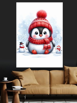 Kırmızı Atkılı Penguen Dekoratif Kanvas - Mdf Ahşap Tablo