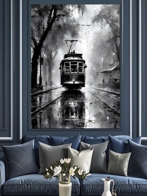 Siyah Beyaz Tramvay Dekoratif Kanvas - Mdf Ahşap Tablo