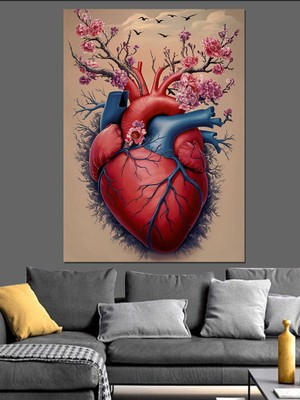 Kalp ve Çiçekler Dekoratif Kanvas - Mdf Ahşap Tablo