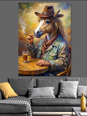 Sigara Içen At Maskeli Adam Dekoratif Kanvas - Mdf Ahşap Tablo